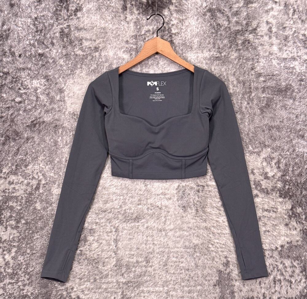 Popflex Sweetheart Long Sleeve Crop Top Small Womens Gray